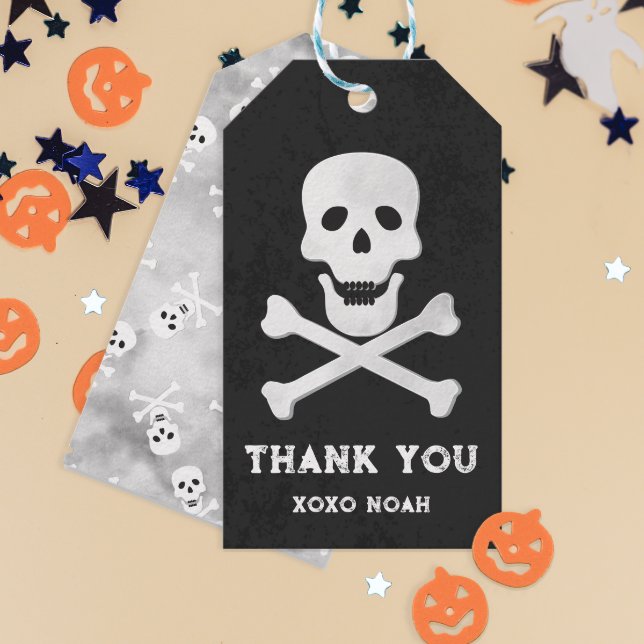 Etiqueta de Agradecimento do Dia das Bruxas Caveir (cute skull and bones thank you gift tag)