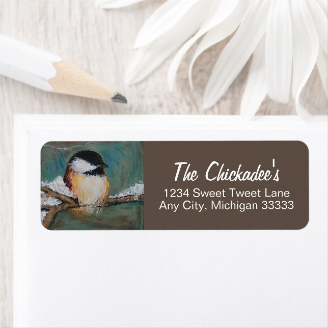 Etiqueta de Arte de Pássaro Chickadeado (Cute Chickadee Bird Art Label from Jenn's Emporium. )