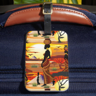 Etiqueta De Bagagem A linda mulher africana Silhouette sobre os sóis a