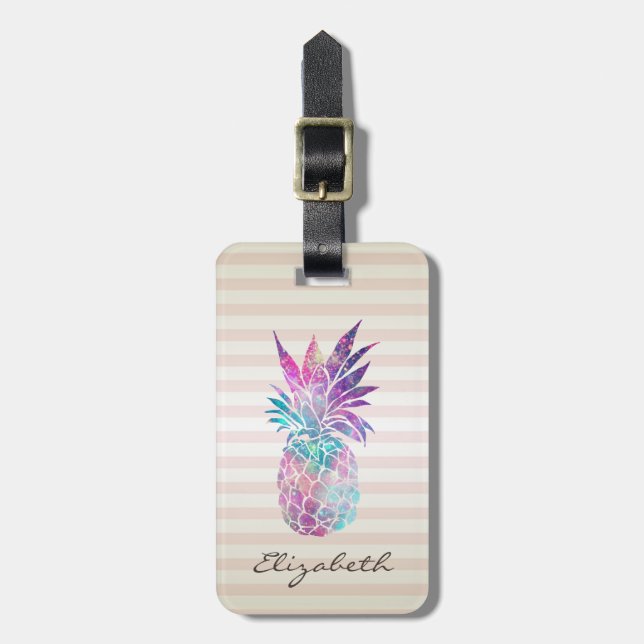 Etiqueta De Bagagem Abacaxi Girly Chic, Stripes - Personalizado (Frente Vertical)