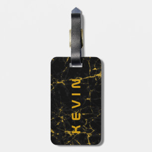 Etiqueta De Bagagem Acento Dourado Impressão de Pedra Natural Negra