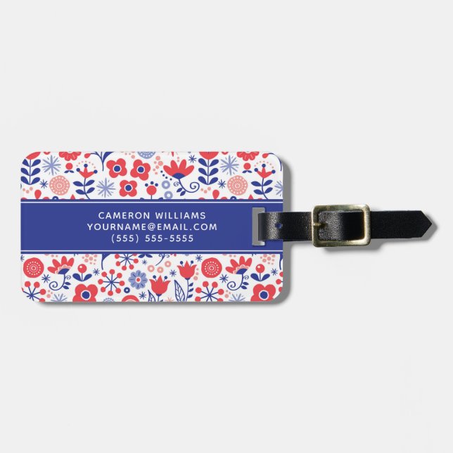 Etiqueta De Bagagem Adicione seu teste padrão floral azul & coral (Frente Horizontal)