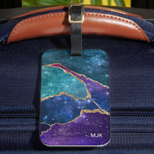 Etiqueta De Bagagem Ágata de Veias Douradas Roxo Azul Monograma