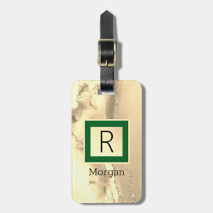 Etiqueta De Bagagem Ágata Dourada, Nome Preto & Monograma, Caixa Verde