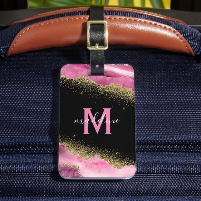 Etiqueta De Bagagem Ágata Geodo Rosa Monogramada (Frente Insitu 2)
