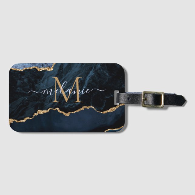 Etiqueta De Bagagem Agate Marinho Blue Gemstone Marble Monograma Nome (Frente Horizontal)
