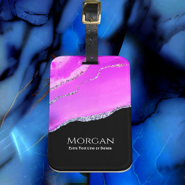 Etiqueta De Bagagem Agato Roxo, Brilho Prateado, Nome e Texto em Preto