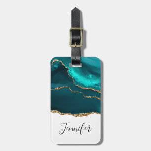 Etiqueta De Bagagem Agato Teal Moderno de Na moda e Faixa Dourada de B