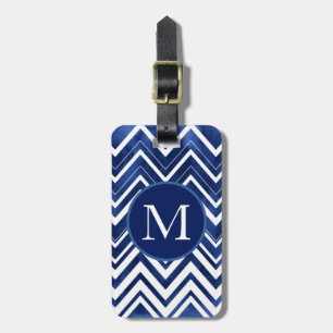 Etiqueta De Bagagem Aguarela branca Chevron do azul de índigo