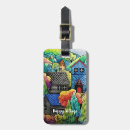 Etiqueta De Bagagem Aldeia Do Lado Da Água Com Casas Coloridas