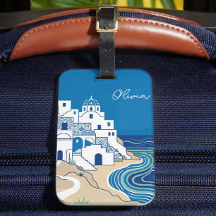 Etiqueta De Bagagem Aldeia Mediterrânea Azul e Branco e Paisagem Marít