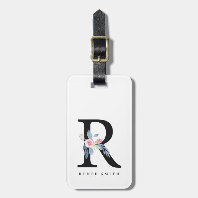 ETIQUETA DE BAGAGEM ALFABETES FLORAIS AZUIS SUAVES LETRA R (Frente Vertical)