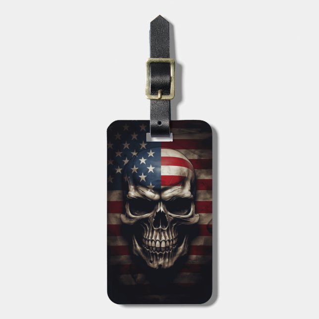 Etiqueta De Bagagem American Flag Skull (Frente Vertical)