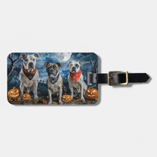Etiqueta De Bagagem American Staffordshire Halloween Spooky (Frente Horizontal)