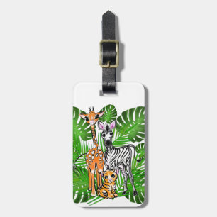 Etiqueta De Bagagem Amigos Safari, girafa, zebra, tigre, folhas de pal