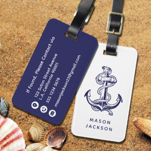 Etiqueta De Bagagem Âncora Azul Marinho Masculina Tipografia Branca