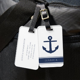 Etiqueta De Bagagem Âncora Náutica Azul Marinho Nome Personalizado 