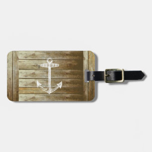 Etiqueta De Bagagem Âncora náutica no gráfico de madeira