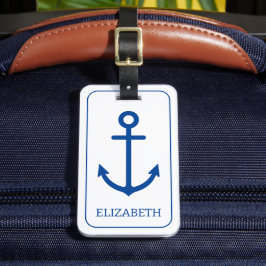 Etiqueta De Bagagem Âncora Náutica Simples Azul e Branco Personalizada