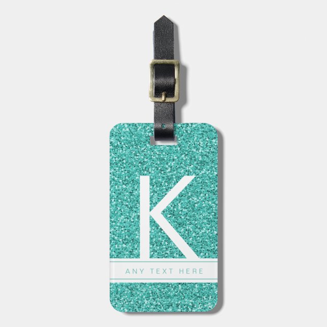 Etiqueta De Bagagem Aqua Teal Glitter Sparkly Modern Monograma Inicial (Frente Vertical)