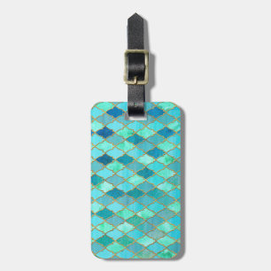 Etiqueta De Bagagem Aqua Teal Mint Dourado Padrão de Azulejo Marroquin