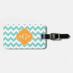 Etiqueta De Bagagem Aqua Wht Chevron Cantaloupe Quatrefoil 3 Monograma