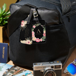 Etiqueta De Bagagem Aquarela Boho Floral em Preto | Monograma Chic