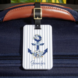 Etiqueta De Bagagem aquarela floral azul stripes náuticas nome fofo