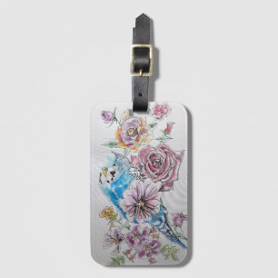 Etiqueta de Bagagem Aquarela Floral Periquito Azul
