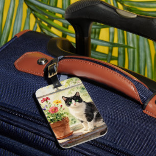 Etiqueta De Bagagem Aquarela Gato e Flores no Parapeito da Janela  