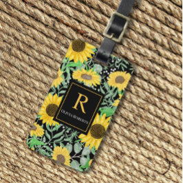 Etiqueta De Bagagem Aquarela Girassóis em Monograma Negro