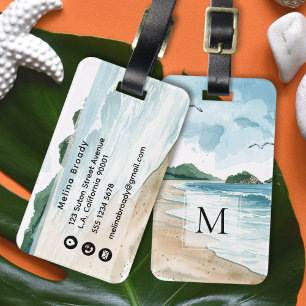 Etiqueta De Bagagem Aquarela Monogramada Areia Tropical da Praia Ocean