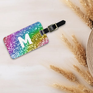 Etiqueta De Bagagem Arco-Íris Personalizado com Glitter Monograma 