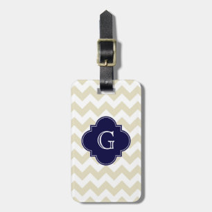 Etiqueta De Bagagem Areia Bege Branco Chevron Azul-Marinho Quatrefoil 