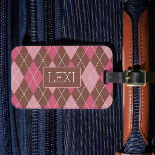 Etiqueta De Bagagem Argyle rosa e castanho legante com nome ou iniciai