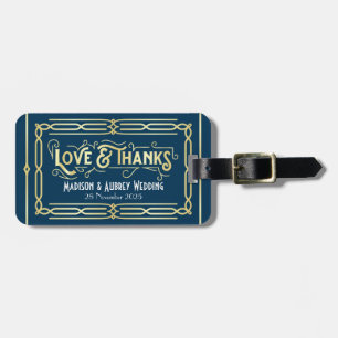 Etiqueta De Bagagem Art Deco Casamento Amor e Obrigados Dourado Azul F