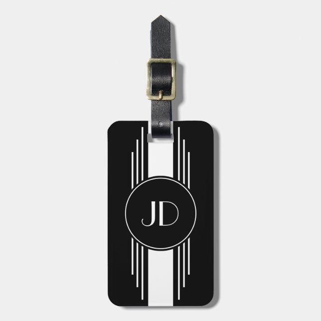 Etiqueta De Bagagem Art deco preto e branco Monogrammed (Frente Vertical)