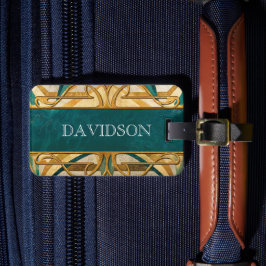 Etiqueta De Bagagem Art Deco Verde e Listras Douradas Personalizadas