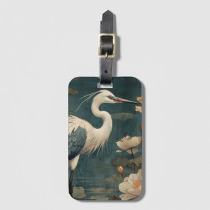 Etiqueta De Bagagem Arte Botânica Vintage de Grou Azul e Lótus