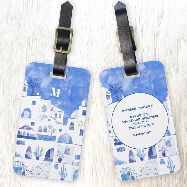 Etiqueta De Bagagem Arte de Aquarela do Santorini Monograma (Santorini monogram watercolor blue and white luggage tag)