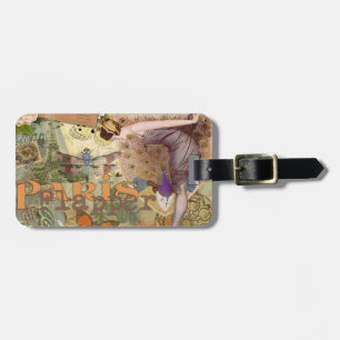 Etiqueta De Bagagem Arte Deco Colagem de Pavão Flapper Paris Antigo