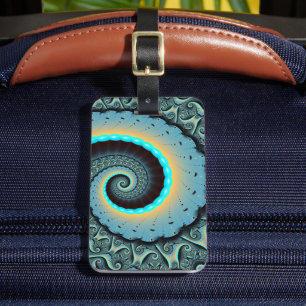 Etiqueta De Bagagem Arte Fractal Espiral Azul Turquesa Abstrato Laranj