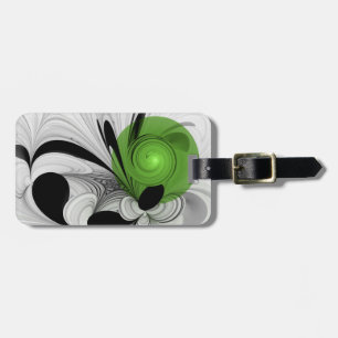 Etiqueta De Bagagem Arte fractal preto e branco abstrato com verde