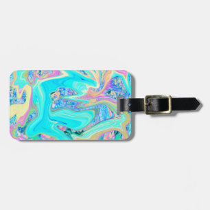 Etiqueta De Bagagem Arte Líquida Azul Aqua Retro em Hortênsias Abstrat