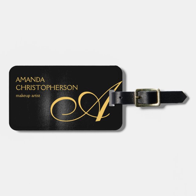 Etiqueta De Bagagem Arte Simples Dourada Negra Monograma Makeup Artist (Frente Horizontal)