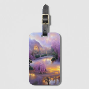 Etiqueta De Bagagem Árvores cor-de-rosa ao pôr do sol pelo lago