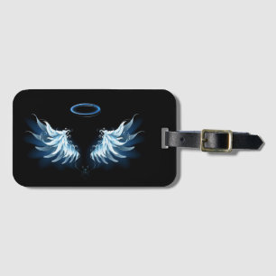 Etiqueta De Bagagem Asas Anjos Azuis Brilhantes em fundo preto