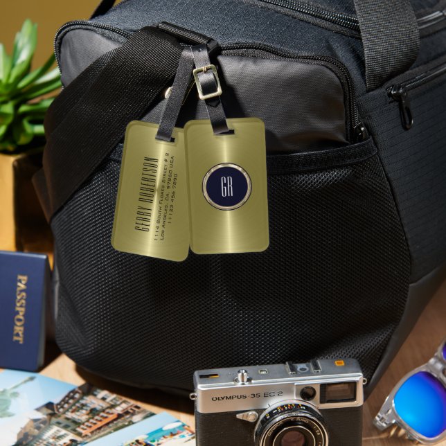 Etiqueta De Bagagem Aspecto de aço inoxidável Dourado metálico persona (Frente e verso)