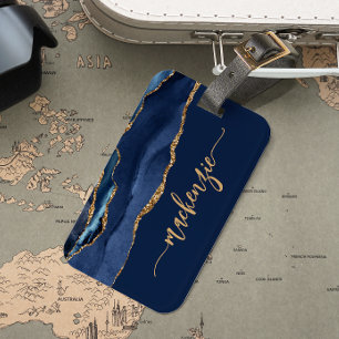 Etiqueta De Bagagem Assinatura Personalizada Azul Marinho Ágata Dourad