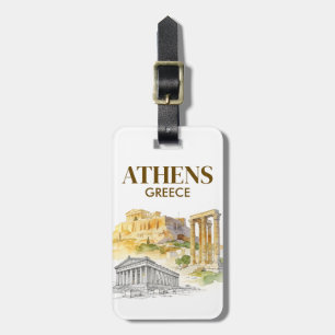 Etiqueta De Bagagem Atenas Grécia Acrópole Aquarela Personalizada